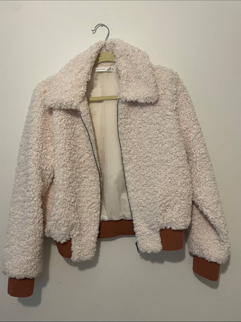Altar'd State Cream Teddy Jacket with Rust Trim